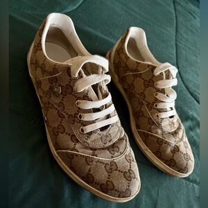 Gucci Brown Monogram Canvas Women's Sneakers with White Laces